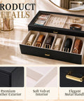 Premium Two Tier Black Belt Organizer With Spacious Drawer For Bedroom Closets To Keep Your Threads And Bling Neatly Sorted Without Stress, features clear lid and leather exterior.