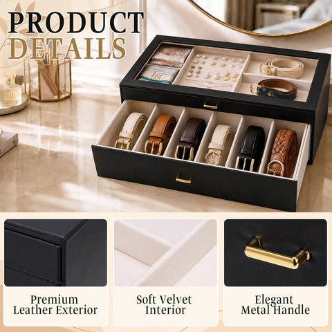 Premium Two Tier Black Belt Organizer With Spacious Drawer For Bedroom Closets To Keep Your Threads And Bling Neatly Sorted Without Stress, features clear lid and leather exterior.