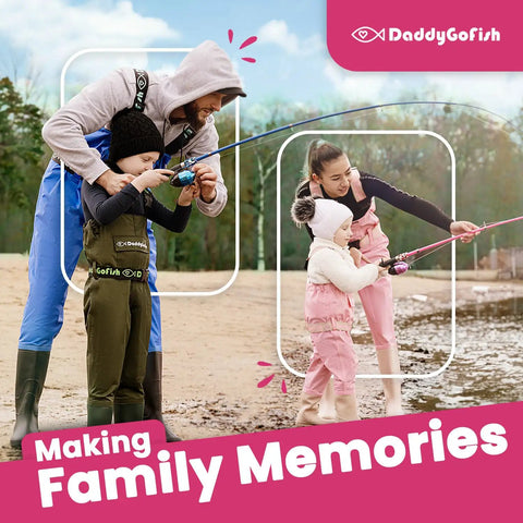 Family using Kids Fishing Pole And Reel Combo Starter Set with pink rod and tackle box by the water, enjoying an outdoor activity.