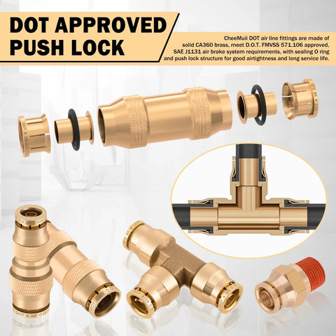 CheeMuii brass DOT air line fittings kit, 136 pcs, push-to-connect fittings in 1/8–1/2 in sizes.