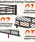 Heavy Duty Queen Over Queen Bunk Bed Frame Rock Solid Steel Sleep Stack For Adults And Teens Built Tough Loft Setup With Safe Ladder Plus Guardrails Silent Slats Zero Box Spring Needed Black showing metal support features.