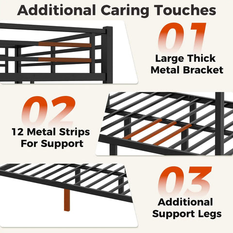 Heavy Duty Queen Over Queen Bunk Bed Frame Rock Solid Steel Sleep Stack For Adults And Teens Built Tough Loft Setup With Safe Ladder Plus Guardrails Silent Slats Zero Box Spring Needed Black showing metal support features.