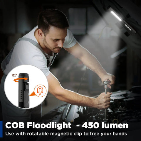 Man using Rechargeable Penlight With 365Nm UV Black Light, 450 Lumen COB Flood Light Plus 120 Lumen Spotlight under car hood