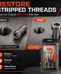 Heavy Duty M8x1.25 Thread Repair Kit With Premium HSS Drill Bit And 40 Pieces Of 304 Stainless Steel Inserts For Snug And Tight Metal Fixes That Last. before and after stripped thread repair kit with drill bit and stainless inserts
