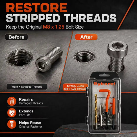 Heavy Duty M8x1.25 Thread Repair Kit With Premium HSS Drill Bit And 40 Pieces Of 304 Stainless Steel Inserts For Snug And Tight Metal Fixes That Last. before and after stripped thread repair kit with drill bit and stainless inserts