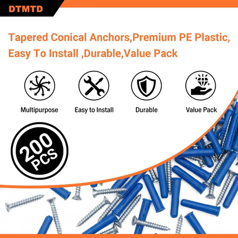 Masonry Wall Anchors And Screws Kit Easy Install 200 Pieces With 100 Anchors 100 Screws Blue 7x27mm M4x30mm display