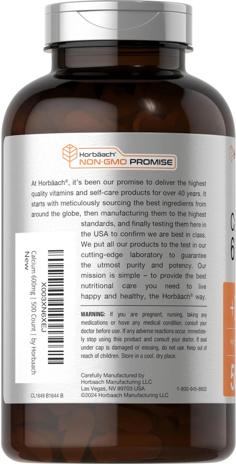 Back view of a bottle of Calcium 600 Mg With Vitamin D3 Coated Caplets for Women and Men, Vegetarian, Non GMO Gluten Free Supplement, 500 Caplets