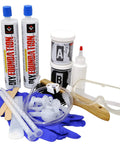 DIY Foundation Crack Repair Kit With 10 Ft Low Viscosity Urethane Sealant For Crawl Spaces And Concrete Basement Walls That Stops Water Leaks Drill Free Filler And Easy Home Fix in packaging with tools and protective gear.
