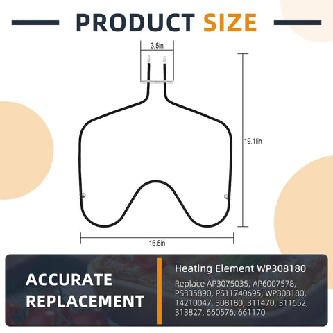 2600W 240V Oven Bake Element Replacement For Whirlpool Ovens Easy Install Durable Build Fits WP308180 visual dimensions guide