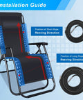 Installation guide for Heavy Duty Replacement Cords For Zero Gravity Chairs showing short and long rope positions.