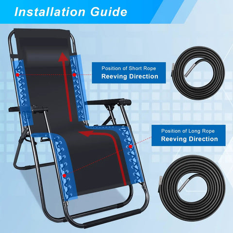 Installation guide for Heavy Duty Replacement Cords For Zero Gravity Chairs showing short and long rope positions.