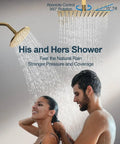 GRANDJOY 12" Ceiling Shower System with Handheld Spray, Brushed Gold, with dual rainfall heads in use by a couple.