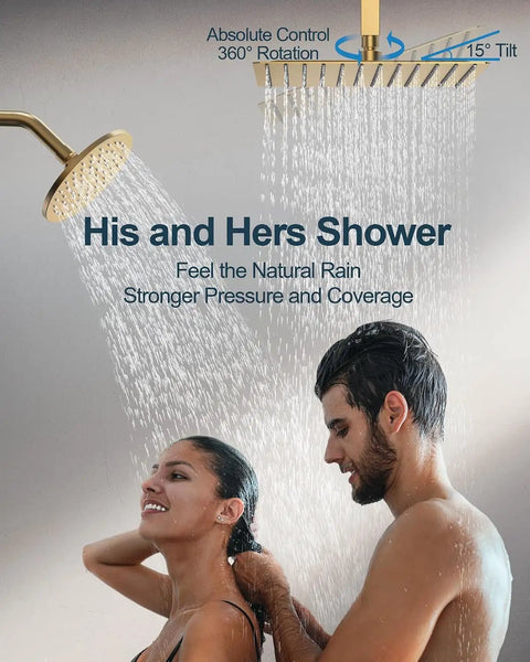 GRANDJOY 12" Ceiling Shower System with Handheld Spray, Brushed Gold, with dual rainfall heads in use by a couple.