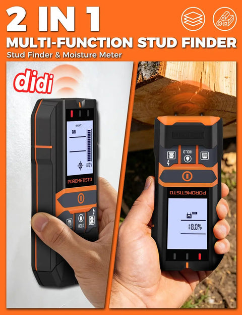 2 In 1 Stud Finder And Moisture Meter With Humidity Detection For Walls Deep Scan Wall Scanner To Locate Studs Pipes And Lumber Moisture Levels Perfect For Home Renos DIY Enthusiasts And Pro Grade Projects, black orange handheld