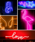Vibrant neon signs powered by RGB 12V Smart Neon LED Strip Lights with Music Sync for indoor and outdoor decoration.