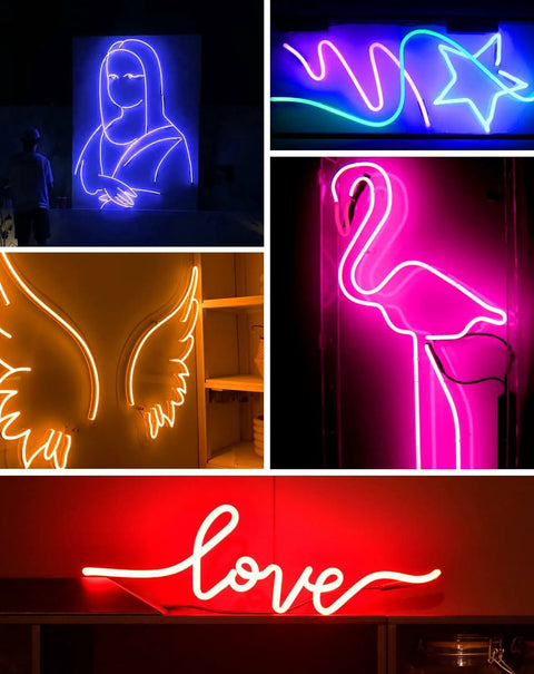 Collage of neon light designs featuring angel wings, flamingo, and 'love' sign using 24V RGB Neon Rope Light With Smart App Control And Music Sync 32 Feet LED Strip For Indoor Outdoor Use Color Changing Dimmable Flexible Neon Rope IP65 Waterproof For Bedroom Gaming Setup And Party Vibes.