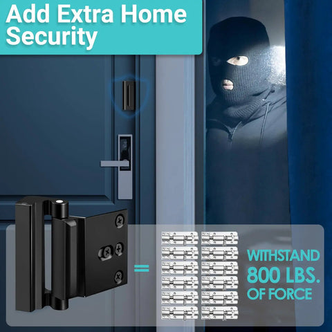 Home Security Door Reinforcement Lock For Kids Safety Upgraded Front Door Lock With 800 Lb Strength in matte black installed on blue door