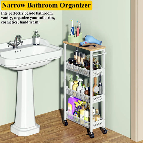 Slim 4 Tier Rolling Storage Cart With Wood Top For Narrow Spaces In Kitchen Laundry Room And Bathroom Metal Narrow Shelf Unit Mobile Organizer Trolley With Handle For Tight Corners next to sink