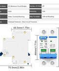 Diagram and side view of 2 Pole 500V 63 Amp DC Circuit Breaker Isolator for Solar PV System with DIN Rail Mount