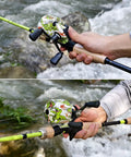 Close-up of Spincast Reel And 5.9 Foot Two Piece Fishing Rod Combo With Pre Spooled Line, showing cork handles and graphite reel seat.