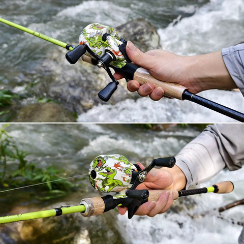 Close-up of Spincast Reel And 5.9 Foot Two Piece Fishing Rod Combo With Pre Spooled Line, showing cork handles and graphite reel seat.