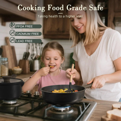 Mother and child cooking with Nonstick Titanium 19 Piece Pots And Pans Set For Induction Cooktops No Fuss Cleanup Non Toxic Healthy Kitchenware