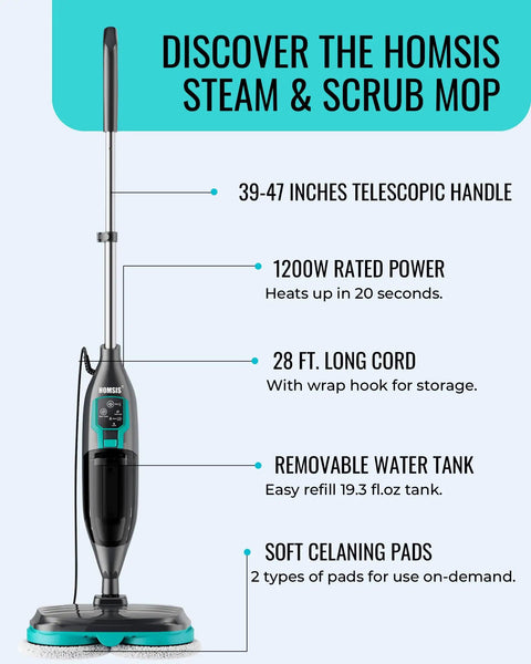 Heavy Duty Steam Mop And Electric Floor Steamer Scrubber With Rapid Electric Spin Pads For Hardwood Tile Laminate And Vinyl, 39-47 inch handle.