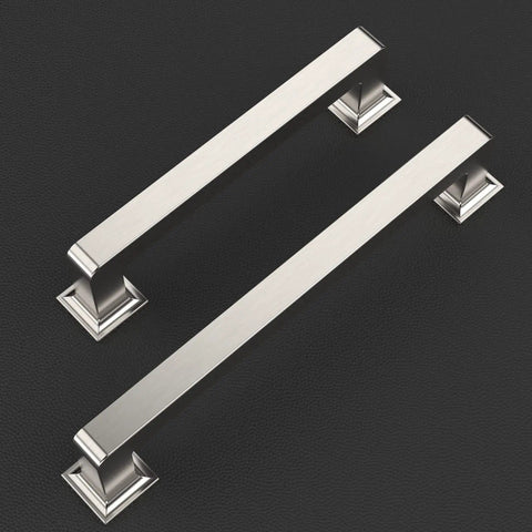 Slick Brushed Nickel Cabinet Pulls, 5 Inch Center To Center Kitchen Handles, 6 Pack With Quick Trim Mounting Screws on black background.