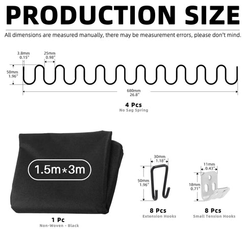 Top Shelf Couch Spring Repair Kit Straight Up With No Sag Coils Premium S Clips showing dimensions and parts including springs and hooks.
