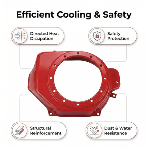 Red electric start conversion kit flywheel housing for Honda GX160 GX200, highlighting safety, cooling, and durability features.