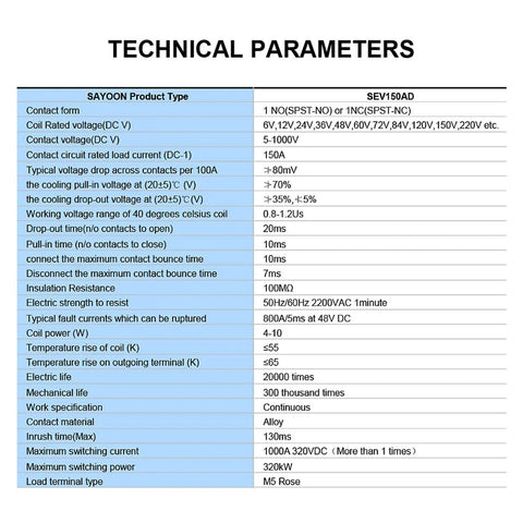 Technical parameters for Pro Grade High Voltage DC Contactor and Electric Relay for EV Charging, SEV150AD specifications.