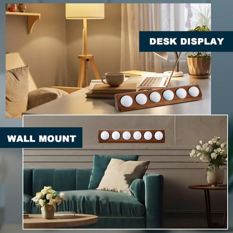 Walnut Wood Golf Ball Display Case 6 Standard Size Wall Mount Holder shown as desk display and wall mount.