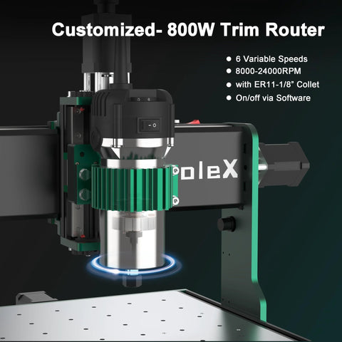 Front view of AnoleX CNC router machine 3030-Evo Max with all-metal frame and green drive gear