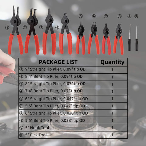 10 Piece Snap Ring Pliers Set Heavy Duty Internal And External Circlip Pliers Kit with straight and bent tips, hooks, and picks.