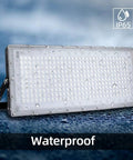JUDYSSY 6 Pack Led Flood Light Outdoor, 300W Work Light with IP65 waterproof rating and droplets on surface.
