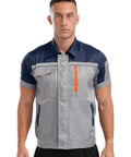 Mens Short Sleeve Mechanic Work Shirt With Reflective Safety Stripes And Zipper Front, navy gray, worn by model, front view.