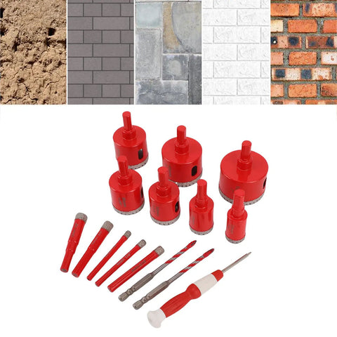 Premium 12 Piece Hole Saw Kit For Tile And Glass Core Drill Bits With Vacuum Brazed Edges Perfect For Marble Granite And Hard Surfaces Plus Extra Serrated Bits And EVA Locating Mold In Tough Case. red diamond hole saw bits and pilot drills for tile, glass, brick