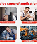 Infographic showing applications of the product set including machinery operation, industrial building, home decoration, and vehicle use.