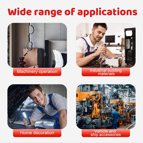 Infographic showing applications of the product set including machinery operation, industrial building, home decoration, and vehicle use.