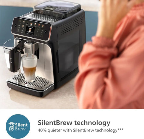 Premium Fully Automatic Espresso Maker With LatteGo Milk Frother And 20 Drink Recipes Featuring Silent Ceramic Grinder and seamless touchscreen.