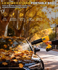 Cordless 21V Leaf Blower with Dual 4.0Ah Batteries used to clear leaves from car in autumn setting