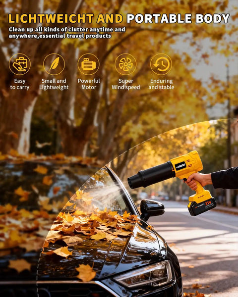 Cordless 21V Leaf Blower with Dual 4.0Ah Batteries used to clear leaves from car in autumn setting