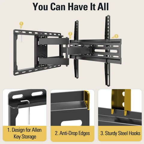 Heavy Duty Full Motion TV Wall Mount For 32 To 70 Inch Sets Up To 99 Lbs with anti-drop edges and sturdy steel hooks design.