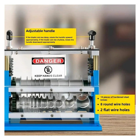 Fully Automatic Wire Stripper Heavy Duty Scrap Copper Cable Machine showing adjustable handle and danger sign for safety.
