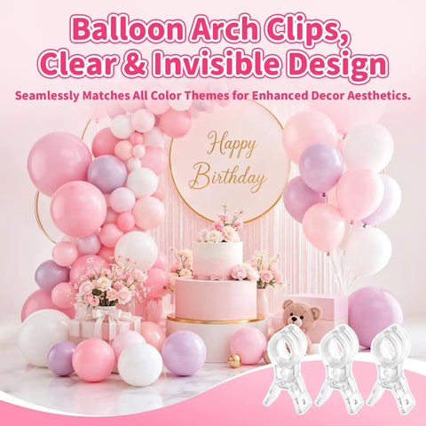 Super Cool 10 Pack Clear Spring Balloon Arch Clips That Grip Tight For Your Birthday Wedding Or Photo Studio Decor Setup Without Messing Up The Look! clear balloon arch clips on pink birthday balloon backdrop