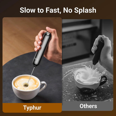 Side-by-side view comparing Typhur milk frother and other frother over a cup with Barista Grade Variable Speed Milk Frother With Battery Operated Handheld Wand And Stand, Detachable Double Whisk And Stainless Stirrer For Latte, Matcha, Protein Shakes, Perfect At Home Coffee Bar For Latte Lovers to froth milk without splashing.