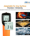 Non-Contact Infrared Temperature Gun with Laser Targeting shows emissivity readings for iron, oil, and ice surfaces.