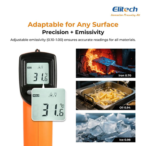 Non-Contact Infrared Temperature Gun with Laser Targeting shows emissivity readings for iron, oil, and ice surfaces.