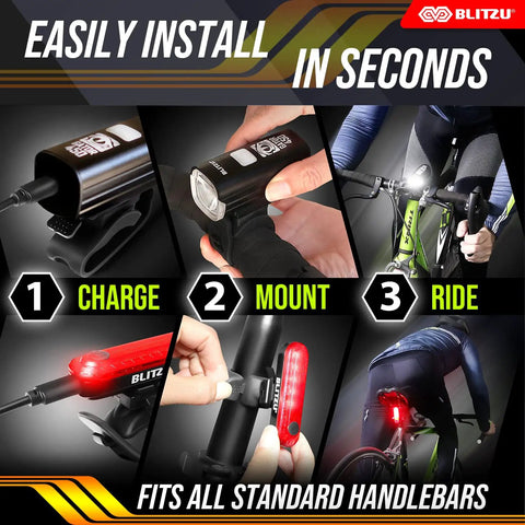 Steps to install Ultra Bright Front And Rear USB Rechargeable Bike Light Set for night riding shown in three images