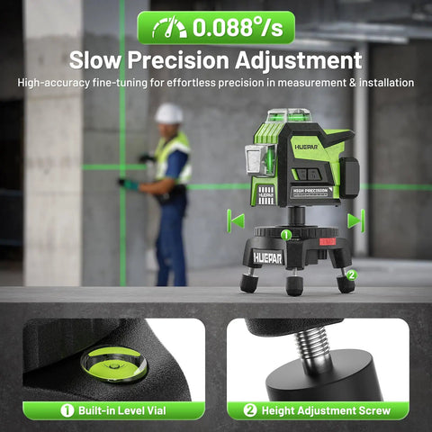Electric Rotating Base For Laser Level With 50 Meter Wireless Remote Pro Grade Dual Speed Rotation Fast Sweep And Fine 0.088 Degrees Per Second 360 Degree Motorized Turntable Five Eighths Thread With One Quarter Twenty Adapter And Adjustable Tripod Legs shown in use with precision adjustment features